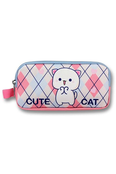 ÜMİT ÇANTA Ümit Çanta White Pink Love Cute Cat Patterned Pencil Bag - Girl - 5026