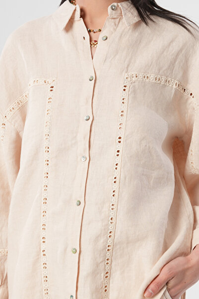 Orfeo Negro Women's Light Beige Shirt with Lace Details on the Front and Sleeves