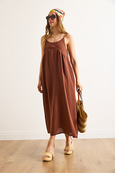 Olalook Women's Brown Strap Knitted Maxi Muslin Dress Elb-19002481