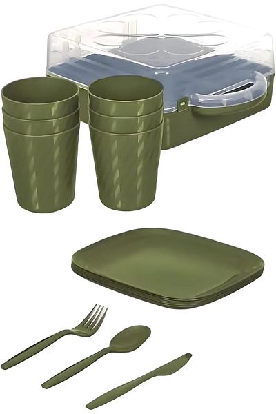Mena Rise Şirinshop Piece Camping Picnic Fork Spoon Knife, Plate, Cup, Storage Box Set Green 110