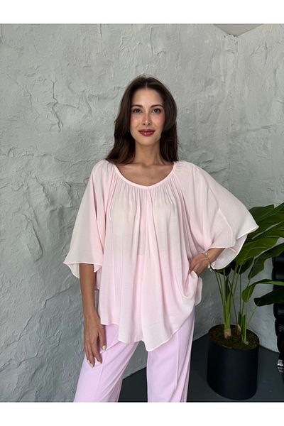 Elif Özbey Butik Μπλούζα με ροζ γιακά με λάστιχο μανίκι