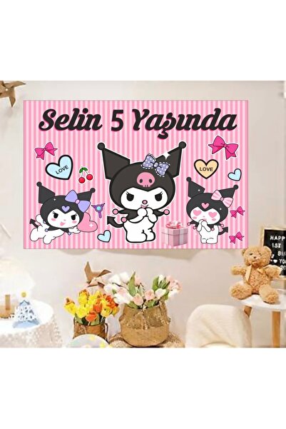 Home Kişiye Özel Isimli Kuromi Temalı Doğum Günü Afişi Duvar Pankart 150x150 Cm