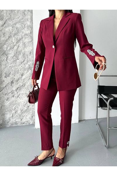 LOBOLIC Women's Stone Detailed Jacket Pants Suit- Bottom Top Set