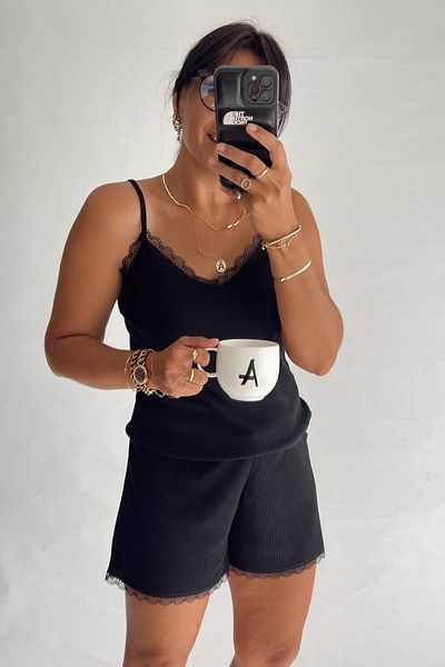 MJAMASS Black Ribbed Lace Shorts Set