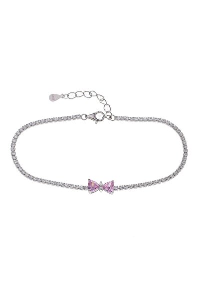 NAGISS Fiyonk Model Pembe Zirkon Taşlı 925 Ayar Gümüş İnce Suyolu Kadın Bileklik