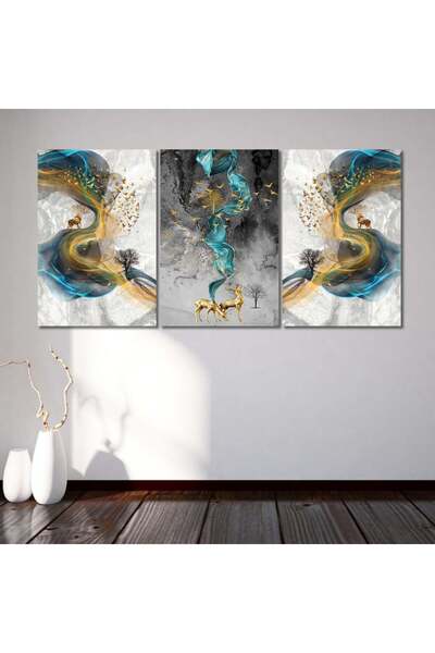 Marktna ثلاث لوحات قماشية مودرن بتصميم رسم تجريدي مع برواز بني مجوف