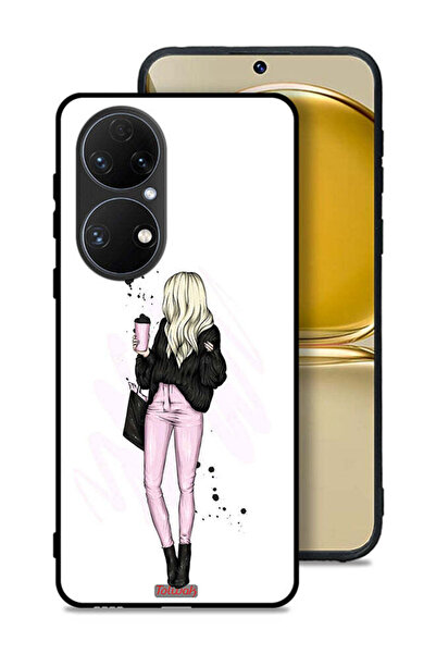 Tolwak Huawei P50E Protective Case Cover Girl Holding Coffee Cup Art