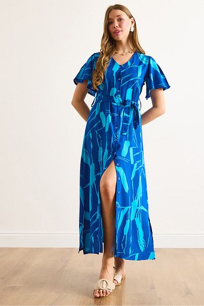 Olalook Γυναικείο φόρεμα Saks με μπλε κουμπιά με ζώνη Maxi Viscose ELB-19002382