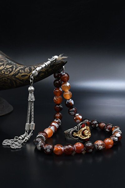 Prestige Doğal Damarlı Akik Taşlı Tesbih Ve 925 Ayar Gümüş Yüzük Ay Yıldızlı ...