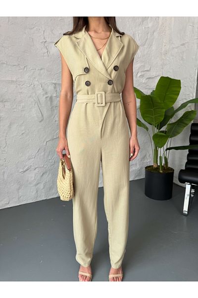 Elif Özbey Butik Khaki Four Button Linen Jumpsuit