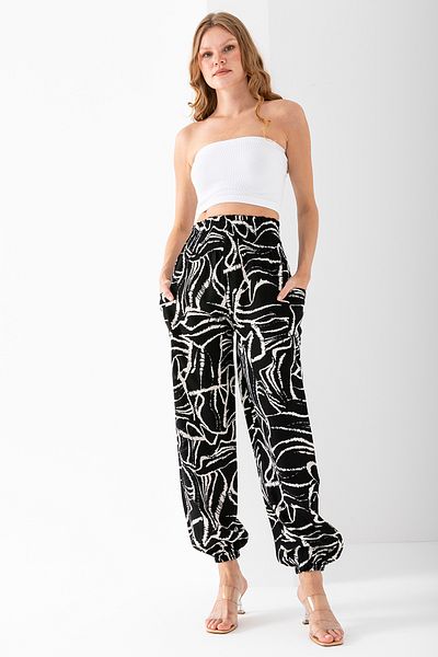 GİYSA Women's Mosaic Patterned Double Pocket Shalwar Trousers Black - 2460