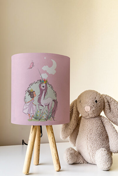 Talia Home Pink Queen and Horse Patterned Children's Room Lampshade Table Lamp Tlab-324