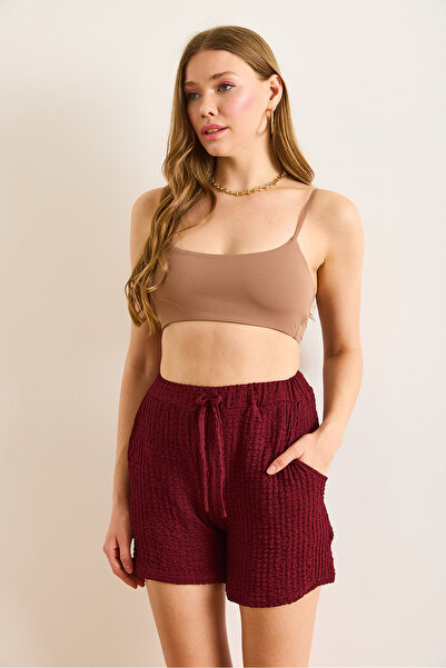 Olalook Women's Burgundy Elastic Waist Pocket Textured Shorts Shrt-19000066