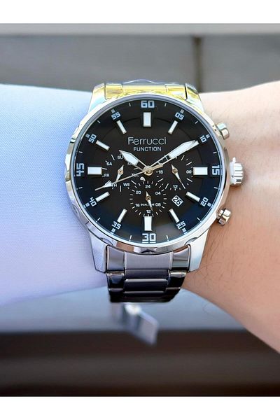 Ferrucci Men's Functions Active Silver Black Metal Cord Wrist Watch