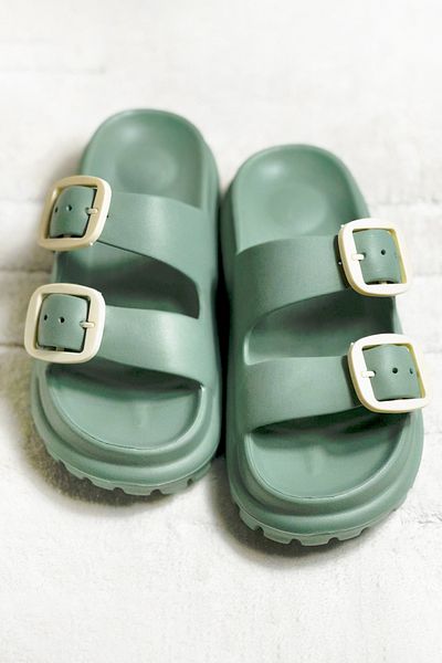 Ayakkabı Durağı Women's Daily Slippers Double Banded Adjustable Buckle Slippers Eva Soft Orthopedic Sole Green