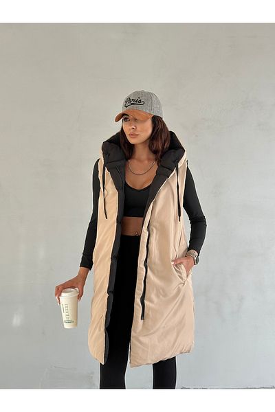 moda armanc Women's Beige Black Hooded Double-Sided Puffer Vest