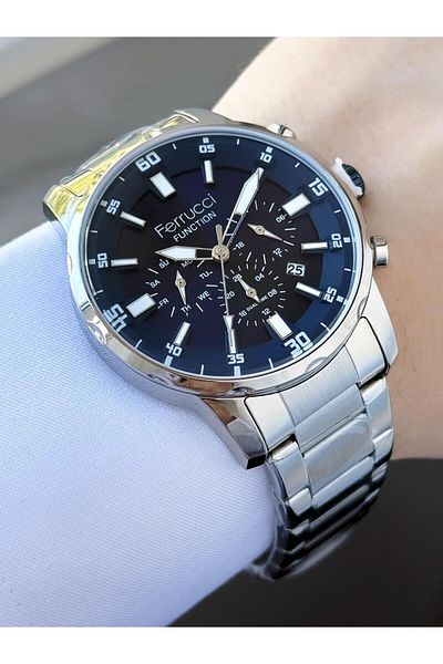 Ferrucci Men's Functions Active Silver Navy Blue Color Metal Cord Wrist Watch