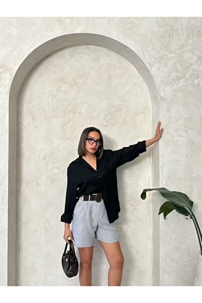 MORENA BUTİK Hasır kemerli şehir boy keten şort