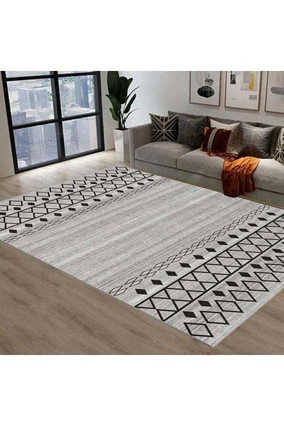COOYA Warm Luxurious Modern Printed Rectangular Anti-Slip Carpet Off-White/Black 140x200cm