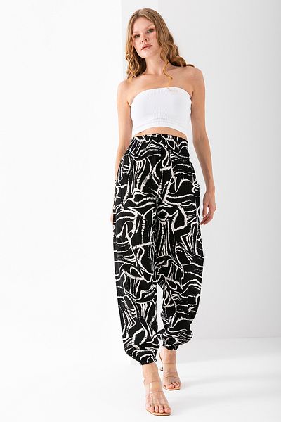 GİYSA Women's Mosaic Patterned Double Pocket Shalwar Trousers Black - 2460
