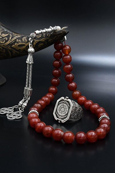 Prestige Doğal Akik Taşlı Tesbih Ve 925 Ayar Gümüş Yüzük Hz. Süleyman Mührü V...