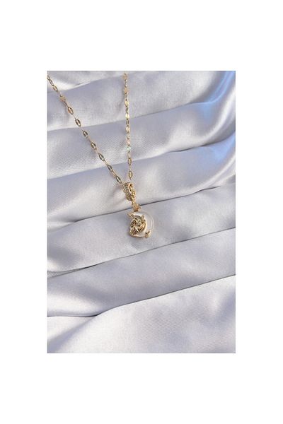 Skygo 316L Steel Chain Gold Color Zircon Stone Pearlescent Moon Figure Necklace - Tj-Bko8805