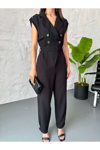 Elif Özbey Butik Black Four Button Linen Jumpsuit