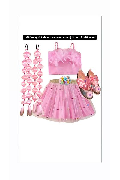 3b kids Pink Tutu Skirt Powder Pink Blouse Top Bottom-Top Suit + Bubble Hair + Pink Ballerina Set of 4
