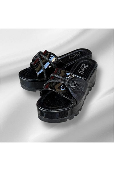 İpek Silk Women's Black Patent Leather Wedge-Heeled Stone Platform Soft Orthopedic Sole Slippers
