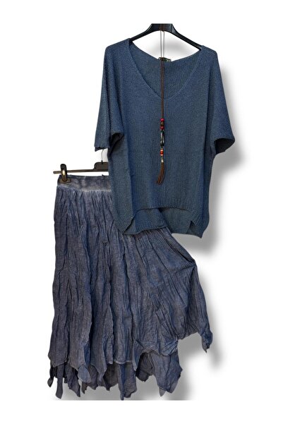 AGORATEKSTİL Kadın Pamuklu Astarlı Etek Ve Kolyeli Merserize Bluz Kombin