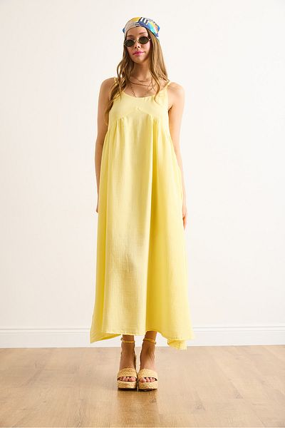 Olalook Γυναικείο Φόρεμα Maxi Muslin με κίτρινο λουράκι ELB-19002481