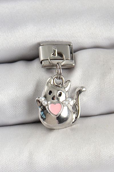 Clariss 316L Steel Dangle Heart Detailed Cat Model Silver Color Nomination Charm
