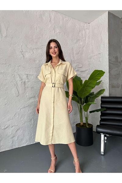 Elif Özbey Butik Ecru Full Button Slim Gabardine Dress