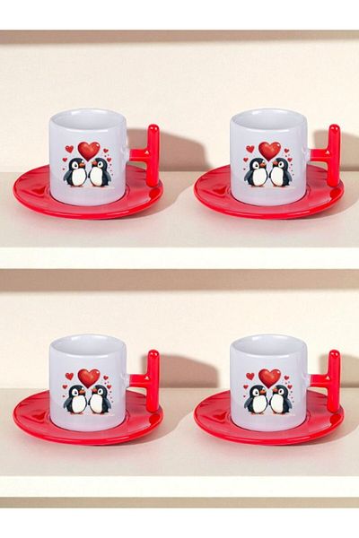 lili hediyelik Heart and Penguin Printed Set of 4 Turkish Coffee Cup Cups