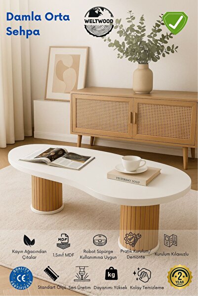 BebeK on For Weltwood Damla Orta Sehpa, 2 Kat 36 Mm Tabla, Beyaz, 118x64 Cm, Dayanıklı %100 Mdf Ve Kayın Ağacı