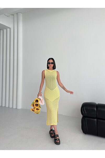 Zenea Κίτρινο Πλεκτό Φόρεμα Παραλίας με σχισμές