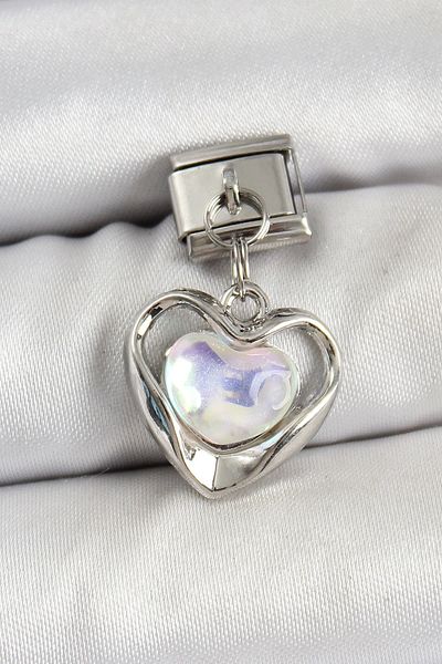 Clariss 316L Steel Dangle Zircon Stone Heart Model Silver Color Nomination Charm