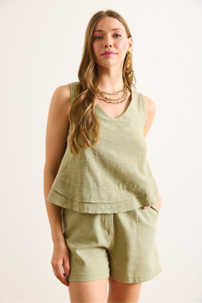 Olalook Women's Khaki V-Neck Linen Look Flam Bell Blouse Blz-19003060