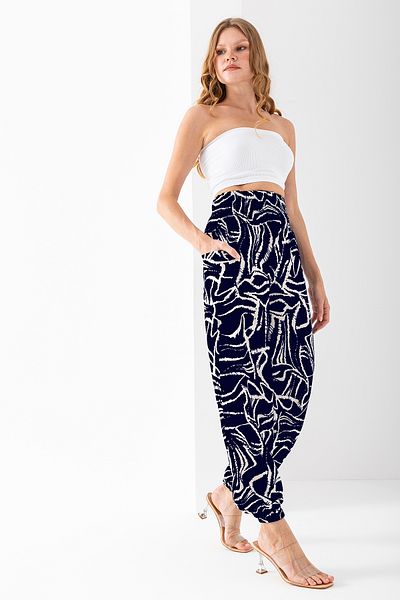 GİYSA Women's Mosaic Patterned Double Pocket Shalwar Trousers Navy Blue - 2460