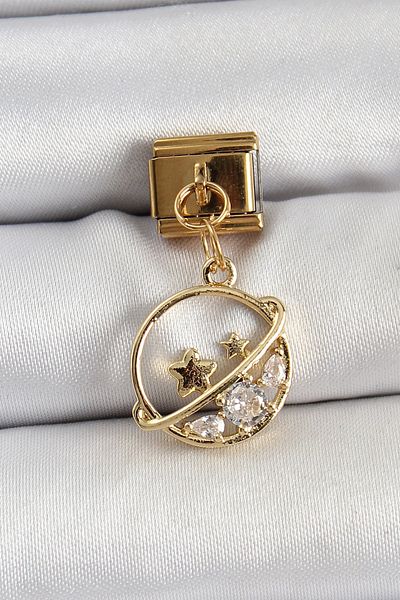 Clariss 316L Steel Dangle Zircon Stone Saturn Model Gold Color Nomination Charm