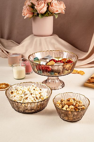 Fecra Rita 3-Piece Glass Bowl Set with Brown Gold Mesh