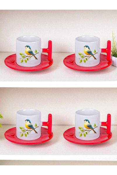 lili hediyelik Cute Bird Printed Set of 4 Turkish Coffee Cup Coffee Cups