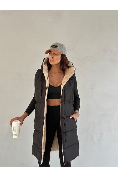 moda armanc Women's Beige Black Hooded Double-Sided Puffer Vest
