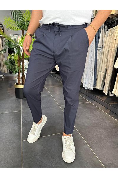 MODA Imported Fabric Pleated Trousers Navy Blue