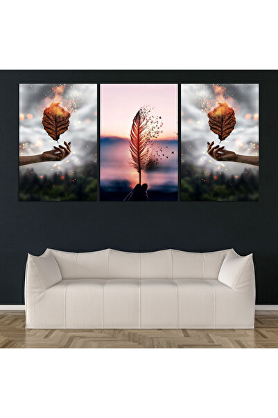 Marktna ثلاث لوحات قماشية مودرن بتصميم ورقات شجر مع برواز بني مجوف