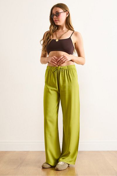 Olalook Γυναικείο παντελόνι με ζώνη Lime Woven Viscon Palazzo PNT-19000169