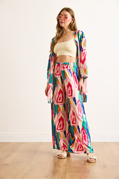 Olalook Women's Pink Blue Elastic Waist Patterned Viscose Palazzo Trousers Pnt-19000356