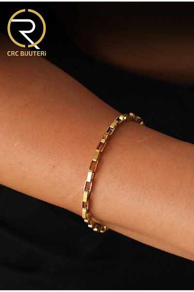 Crc Bijuteri Women's Gold Color Rectangular Chain Bracelet Tarnish Free 3 mm 18 cm - 21 cm