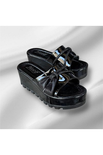 İpek Silk Women's Black Patent Leather Wedge-Heeled Stone Platform Soft Orthopedic Sole Slippers