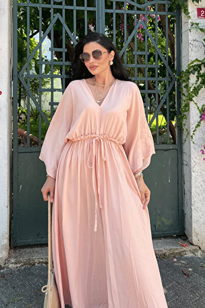 giyimmasalı Krinkıl Kumaş Beli Lastikli Elbise - PUDRA